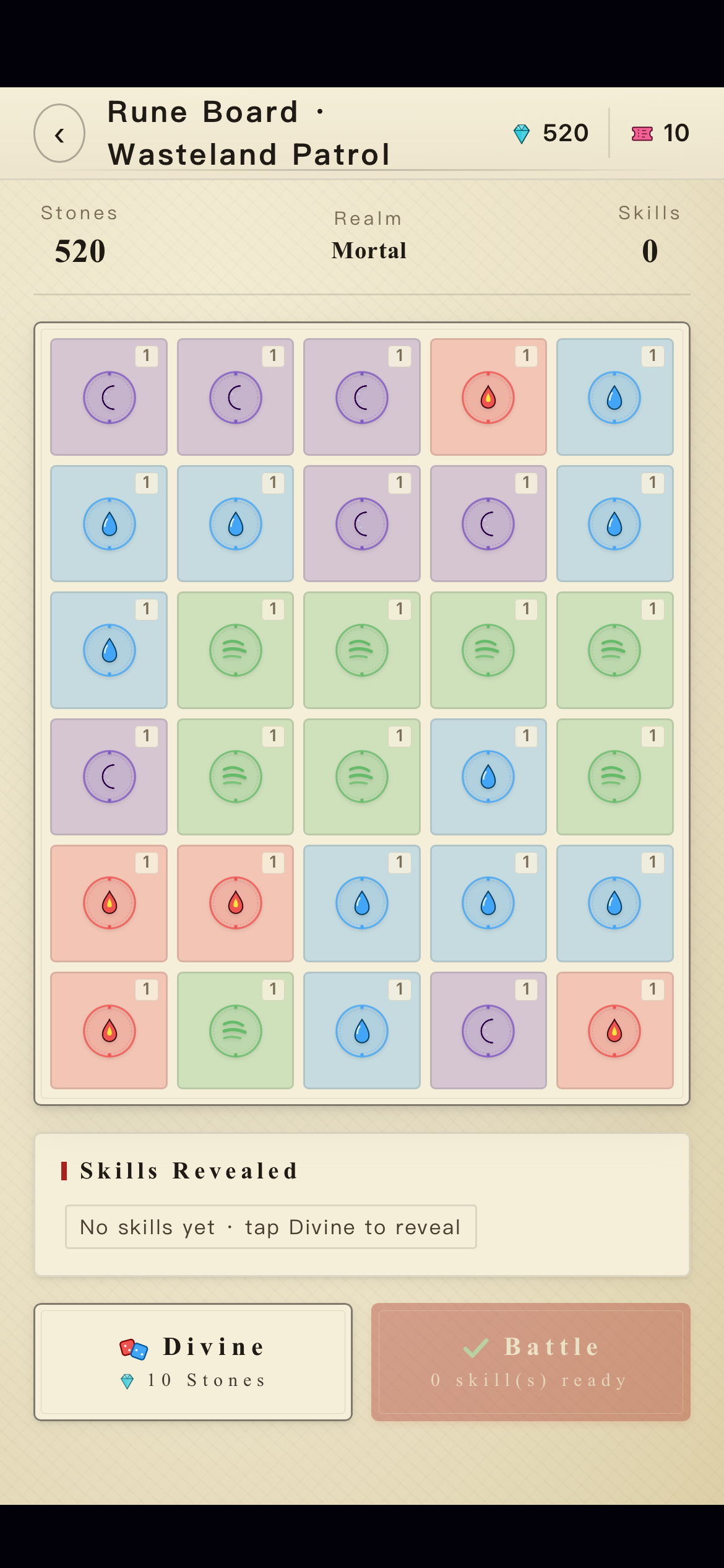 Rune board filled with water, wind, moon, and fire tiles